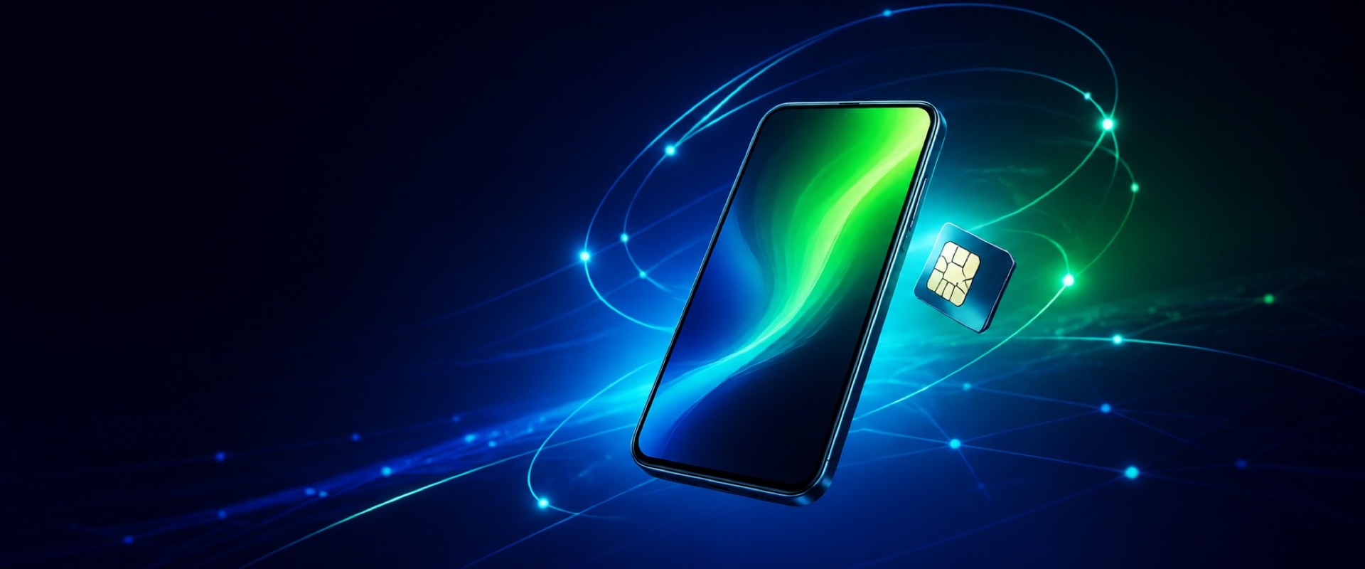 Teléfono y tarjeta SIM conectados por ondas de datos verdes y azules.
