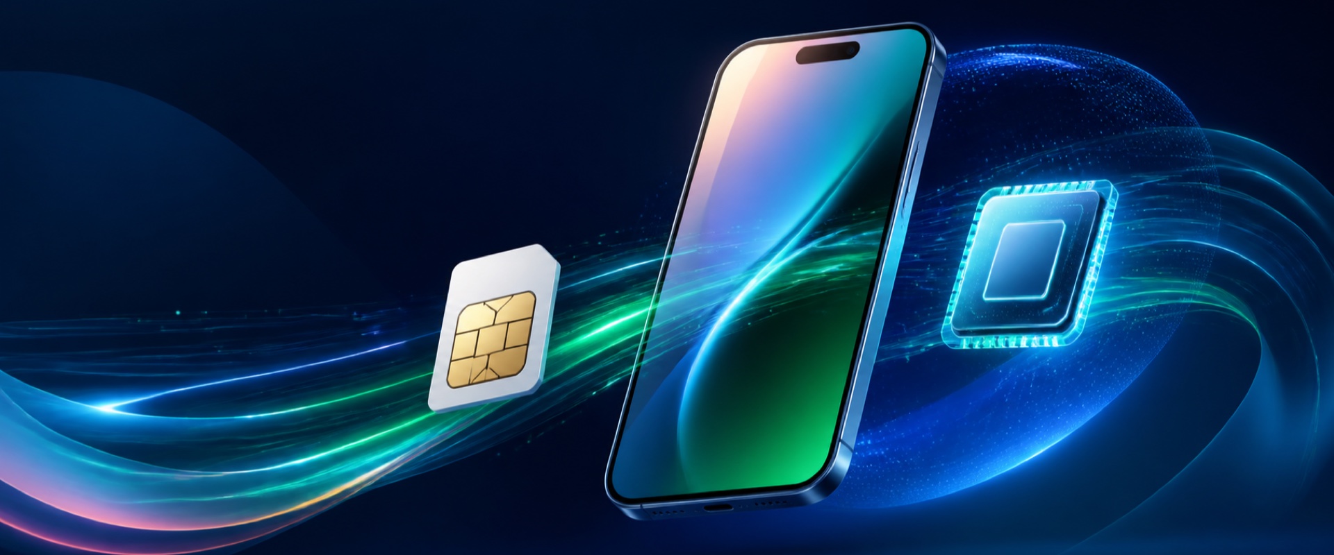 Teléfono, tarjeta SIM y chip eSIM rodeados por flujos de datos.