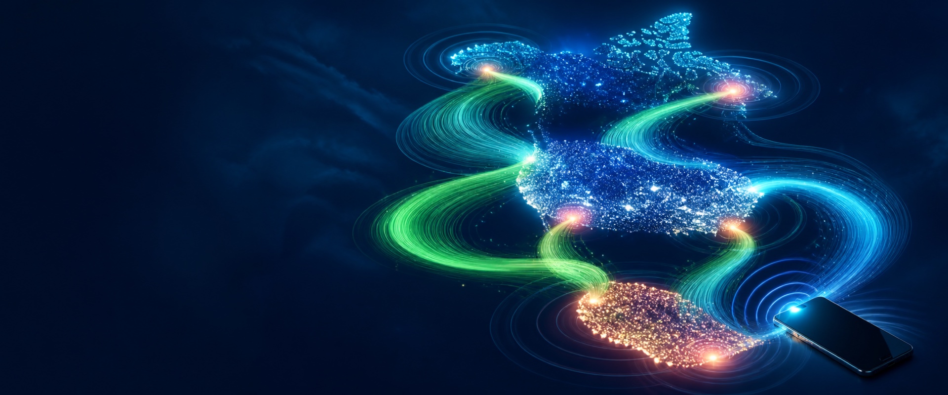 Rutas luminosas enlazan tres regiones de Norteamérica sobre un fondo azul.